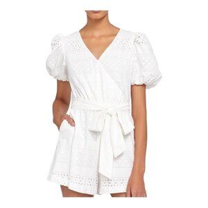 ALICE + OLIVIA Paulina White Eyelet Puff Sleeve Romper Cottagecore Women's 2